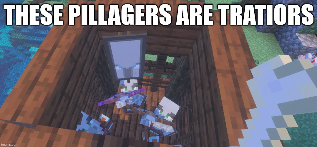 Two Illager Captains at Pillager Outpost | THESE PILLAGERS ARE TRATIORS | image tagged in two illager captains at pillager outpost | made w/ Imgflip meme maker