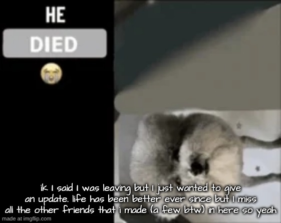 ik I said I was leaving but I just wanted to give an update. life has been better ever since but I miss all the other friends that i made (a few btw) in here so yeah | made w/ Imgflip meme maker