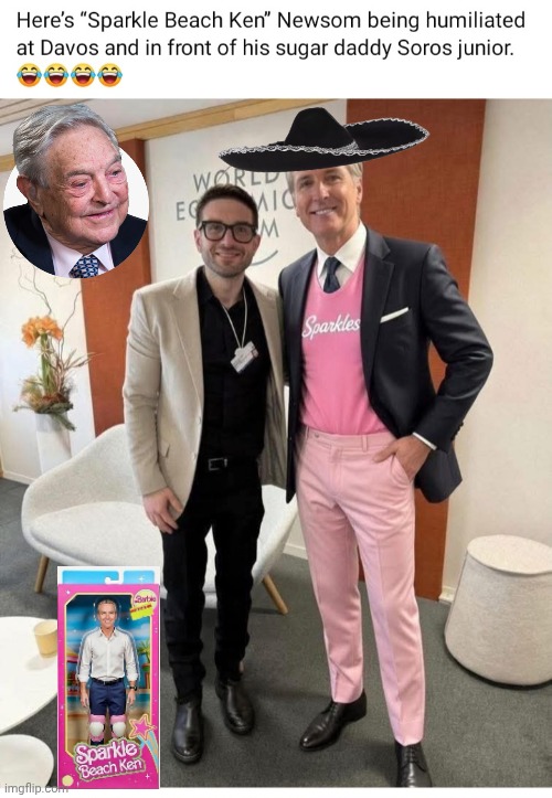 Greasy Gavin and his sleazy Soros boss | image tagged in alex soros with sparkle beach ken,scumbags,boss,slave | made w/ Imgflip meme maker