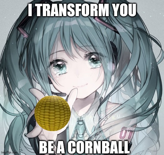 You're Cornball Meme | I TRANSFORM YOU; BE A CORNBALL | image tagged in hatsune miku,cornball,memes | made w/ Imgflip meme maker