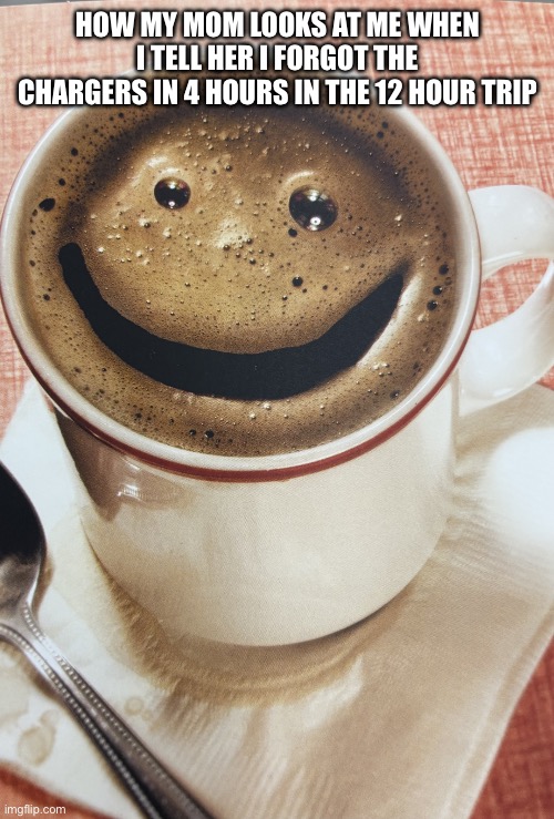 What… | HOW MY MOM LOOKS AT ME WHEN I TELL HER I FORGOT THE CHARGERS IN 4 HOURS IN THE 12 HOUR TRIP | image tagged in what | made w/ Imgflip meme maker