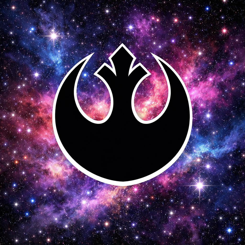 A black rebel alliance symbol outlined in white on a galaxy back Blank Meme Template