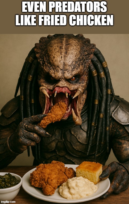 Even Predators Like Fried Chicken | EVEN PREDATORS LIKE FRIED CHICKEN | image tagged in predator,fried chicken,eating,cornbread,funny,memes | made w/ Imgflip meme maker