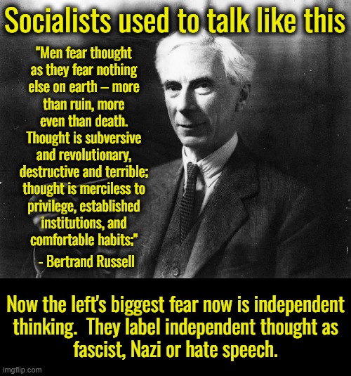 The reason for the left's standard set of false labels and insults is to eliminate free thought & keep people in the collective. | Socialists used to talk like this; "Men fear thought
as they fear nothing
else on earth – more
than ruin, more
even than death.
Thought is subversive
and revolutionary,
destructive and terrible;
thought is merciless to
privilege, established
institutions, and
comfortable habits;"; - Bertrand Russell; Now the left's biggest fear now is independent
thinking.  They label independent thought as
fascist, Nazi or hate speech. | image tagged in hive mentality fears free thought,no free thought on the left | made w/ Imgflip meme maker