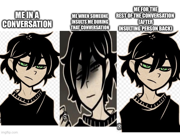 I believe in insulting back when one is insulted | ME FOR THE REST OF THE CONVERSATION 
(AFTER INSULTING PERSON BACK); ME WHEN SOMEONE INSULTS ME DURING THAT CONVERSATION; ME IN A CONVERSATION | made w/ Imgflip meme maker