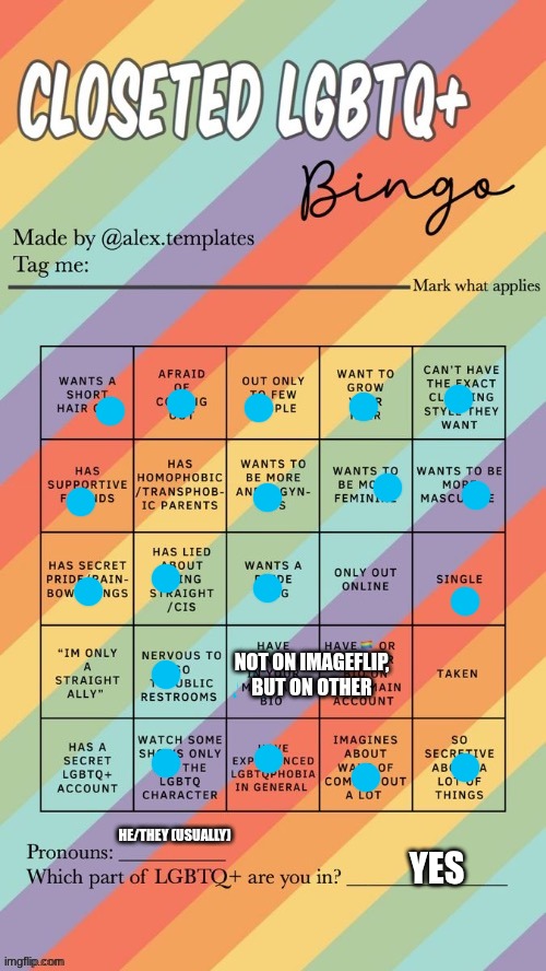 hey I found another bingo | NOT ON IMAGEFLIP, BUT ON OTHER; HE/THEY (USUALLY); YES | image tagged in closeted lgbtq bingo | made w/ Imgflip meme maker