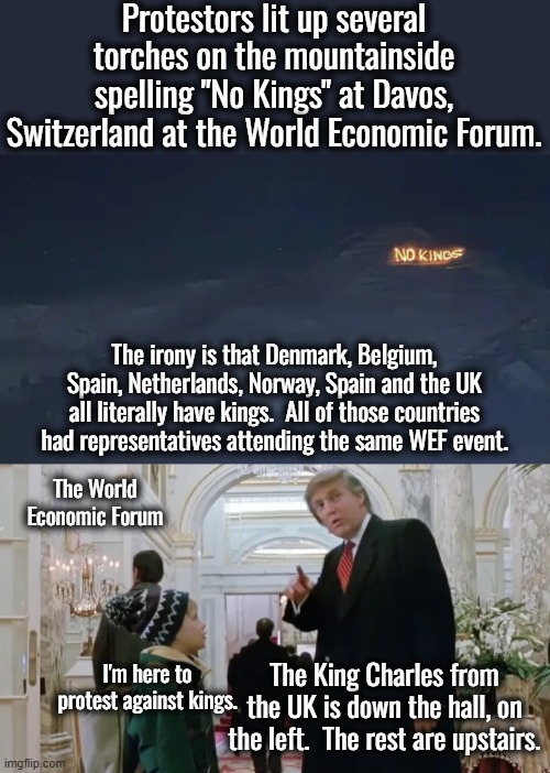 It takes a special kind of stupid to think Trump is acting anything like a king. | Protestors lit up several torches on the mountainside spelling "No Kings" at Davos, Switzerland at the World Economic Forum. The irony is that Denmark, Belgium, Spain, Netherlands, Norway, Spain and the UK all literally have kings.  All of those countries had representatives attending the same WEF event. The World Economic Forum; I'm here to protest against kings. The King Charles from the UK is down the hall, on the left.  The rest are upstairs. | image tagged in trump is not a king,trump is not a dictator,trump is not a socialist | made w/ Imgflip meme maker