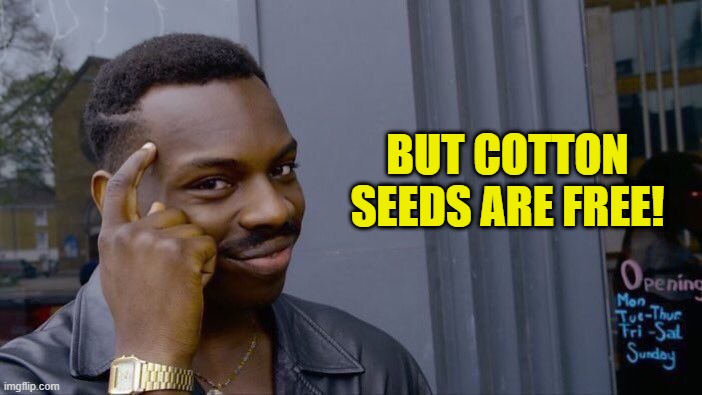 Roll Safe Think About It Meme | BUT COTTON SEEDS ARE FREE! | image tagged in memes,roll safe think about it | made w/ Imgflip meme maker