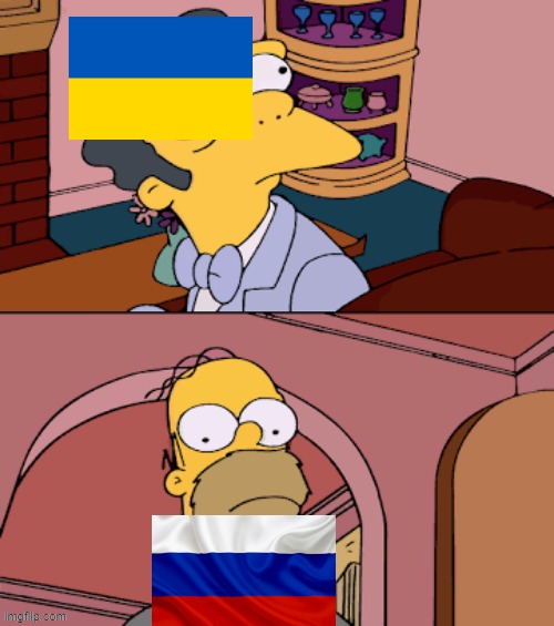 Moe Homer Ukraine Russia | image tagged in homer staring at moe,ukraine,russia | made w/ Imgflip meme maker