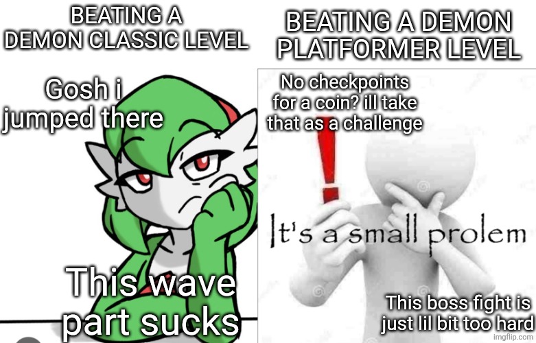 My experince on demon levels | BEATING A DEMON PLATFORMER LEVEL; BEATING A DEMON CLASSIC LEVEL; Gosh i jumped there; No checkpoints for a coin? ill take that as a challenge; This wave part sucks; This boss fight is just lil bit too hard | image tagged in bored asf,it's a small prolem | made w/ Imgflip meme maker