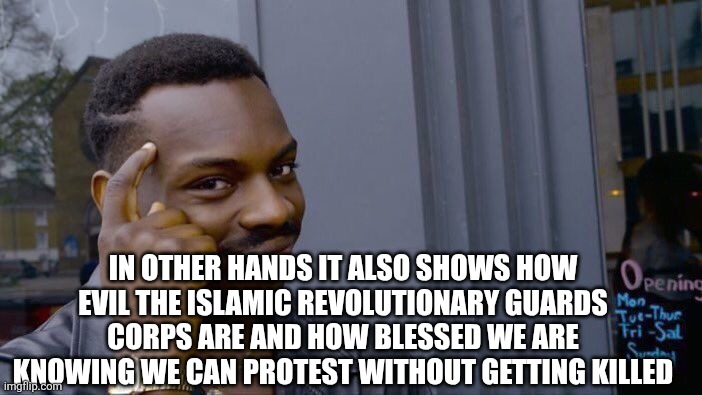 Roll Safe Think About It Meme | IN OTHER HANDS IT ALSO SHOWS HOW EVIL THE ISLAMIC REVOLUTIONARY GUARDS CORPS ARE AND HOW BLESSED WE ARE KNOWING WE CAN PROTEST WITHOUT GETTI | image tagged in memes,roll safe think about it | made w/ Imgflip meme maker