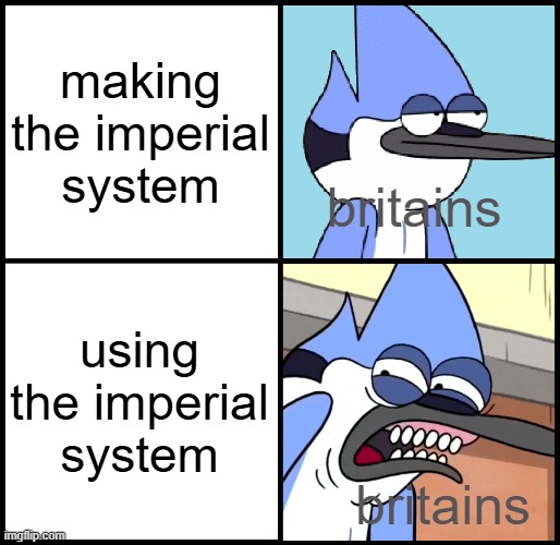 imperial system so ahh | making the imperial system; britains; using the imperial system; britains | image tagged in mordecai disgusted,imperial system | made w/ Imgflip meme maker