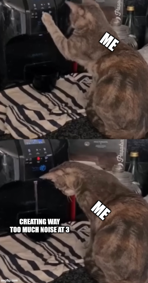 Me at 3 AM | ME; ME; CREATING WAY TOO MUCH NOISE AT 3 | image tagged in water button cat | made w/ Imgflip meme maker