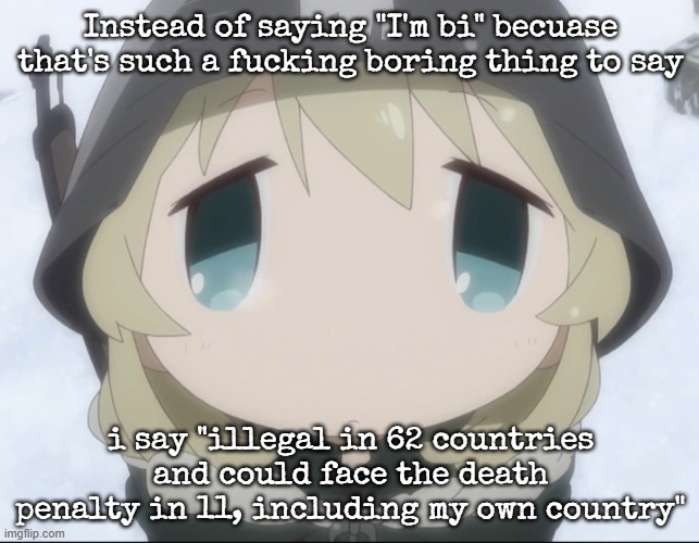 what the fuck am I doing in enemy territory (this stream) | Instead of saying "I'm bi" becuase that's such a fucking boring thing to say; i say "illegal in 62 countries and could face the death penalty in 11, including my own country" | image tagged in yuuri high-angle | made w/ Imgflip meme maker