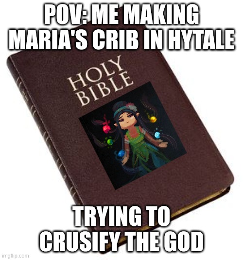 Holy Bible | POV: ME MAKING MARIA'S CRIB IN HYTALE; TRYING TO CRUSIFY THE GOD | image tagged in holy bible | made w/ Imgflip meme maker