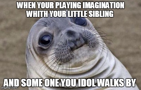 Awkward Moment Sealion | WHEN YOUR PLAYING IMAGINATION WHITH YOUR LITTLE SIBLING   AND SOME ONE YOU IDOL WALKS BY | image tagged in memes,awkward moment sealion | made w/ Imgflip meme maker