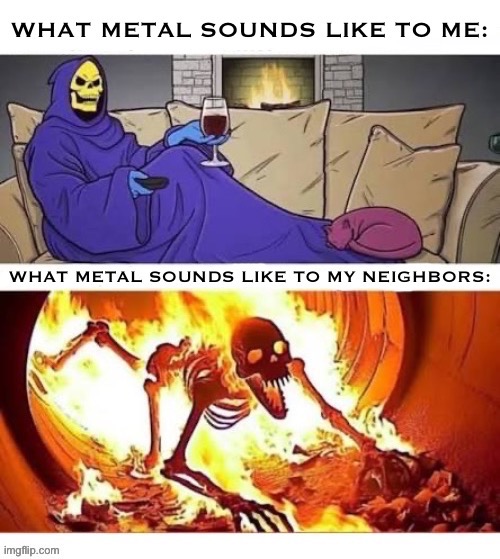 They have bad taste in music… | image tagged in heavy metal,what metal sounds like,me,neighbors,skeletor,flaming skeleton | made w/ Imgflip meme maker