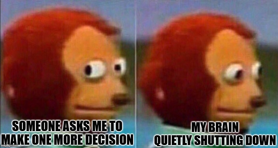Monkey looking away | MY BRAIN QUIETLY SHUTTING DOWN; SOMEONE ASKS ME TO MAKE ONE MORE DECISION | image tagged in monkey looking away | made w/ Imgflip meme maker