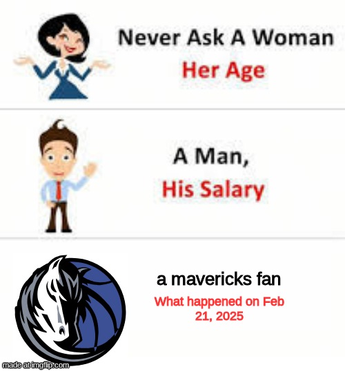 LUKA NO | a mavericks fan; What happened on Feb
21, 2025 | image tagged in never ask a woman her age,luka doncic,dallas mavericks,lakers | made w/ Imgflip meme maker