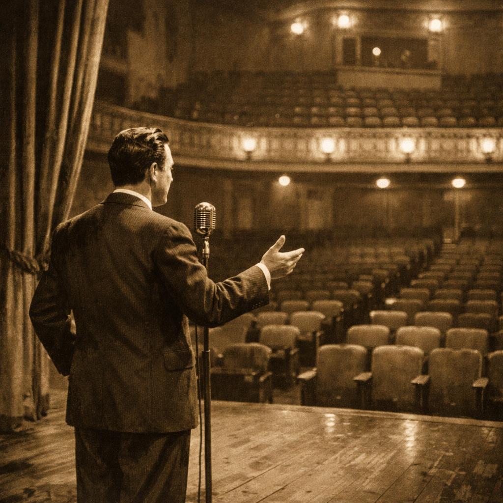 a man speaking in front of an empty theater Blank Meme Template