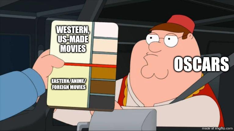 Oscars are dead, not caring for anime movies and not even ne zha 2 | WESTERN, US-MADE MOVIES; OSCARS; EASTERN/ANIME/
FOREIGN MOVIES | image tagged in ok not ok peter family guy,movies,oscars,memes,fr fr ong,so true memes | made w/ Imgflip meme maker