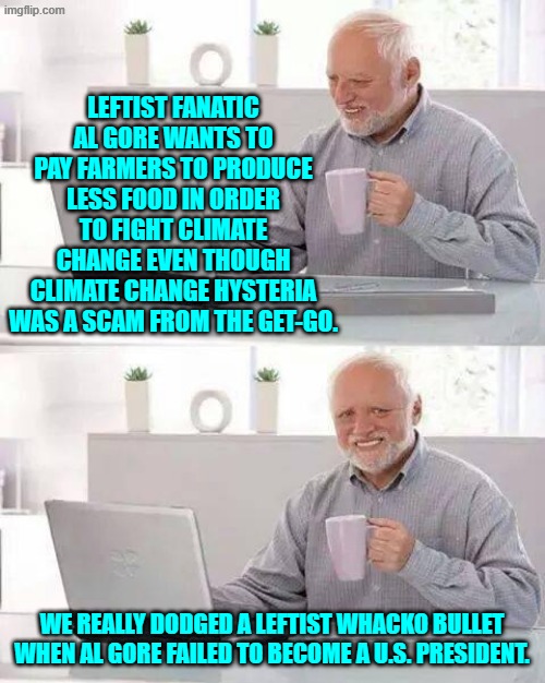Does the Left actually have any sane upper level politicians? | LEFTIST FANATIC AL GORE WANTS TO PAY FARMERS TO PRODUCE LESS FOOD IN ORDER TO FIGHT CLIMATE CHANGE EVEN THOUGH CLIMATE CHANGE HYSTERIA WAS A SCAM FROM THE GET-GO. WE REALLY DODGED A LEFTIST WHACKO BULLET WHEN AL GORE FAILED TO BECOME A U.S. PRESIDENT. | image tagged in hide the pain harold | made w/ Imgflip meme maker