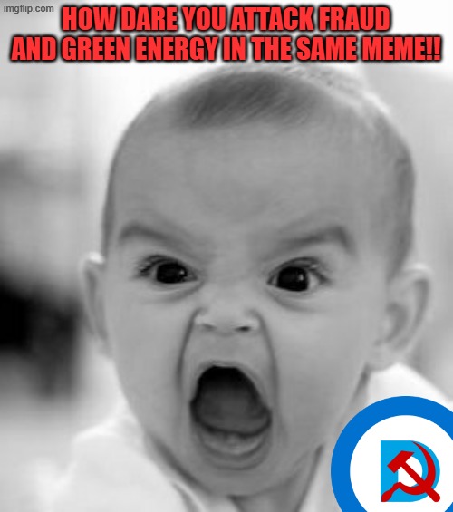 Angry Baby Meme | HOW DARE YOU ATTACK FRAUD AND GREEN ENERGY IN THE SAME MEME!! | image tagged in memes,angry baby | made w/ Imgflip meme maker