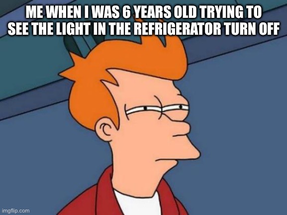 Futurama Fry Meme | ME WHEN I WAS 6 YEARS OLD TRYING TO SEE THE LIGHT IN THE REFRIGERATOR TURN OFF | image tagged in memes,futurama fry | made w/ Imgflip meme maker