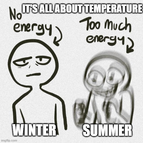 Energy depends upon temperature | IT'S ALL ABOUT TEMPERATURE; WINTER; SUMMER | image tagged in no energy too much energy,pchem,temperature,energy | made w/ Imgflip meme maker