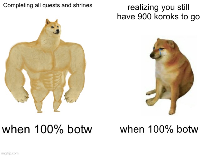 why cruel world | Completing all quests and shrines; realizing you still have 900 koroks to go; when 100% botw; when 100% botw | image tagged in memes,buff doge vs cheems,legend of zelda | made w/ Imgflip meme maker