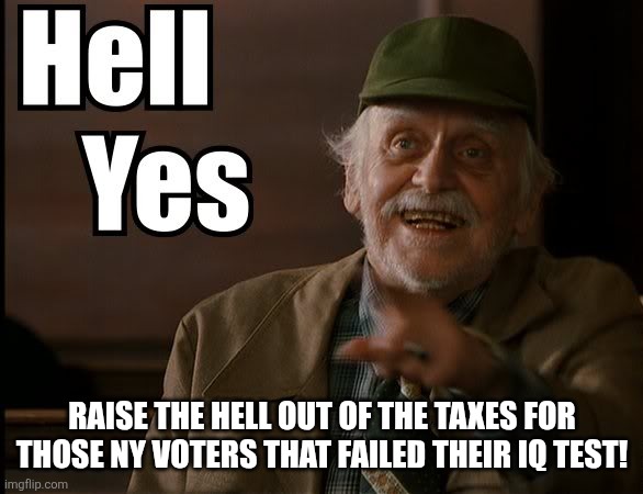 HELL YES | RAISE THE HELL OUT OF THE TAXES FOR THOSE NY VOTERS THAT FAILED THEIR IQ TEST! | image tagged in hell yes | made w/ Imgflip meme maker