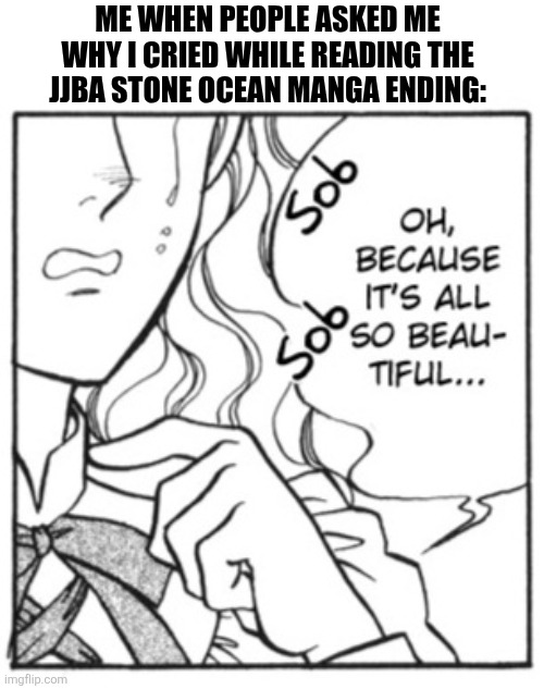 ME WHEN PEOPLE ASKED ME WHY I CRIED WHILE READING THE JJBA STONE OCEAN MANGA ENDING: | image tagged in memes,jjba,ending | made w/ Imgflip meme maker