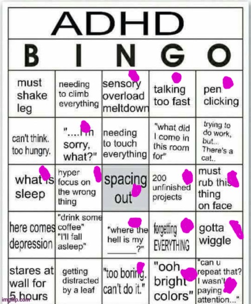 my ADHD is adhding rn | image tagged in adhd bingo | made w/ Imgflip meme maker