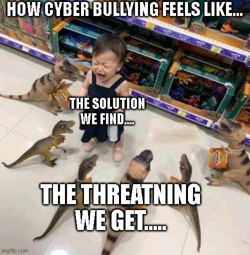 Cyber Bullying? What is it? | HOW CYBER BULLYING FEELS LIKE... THE SOLUTION WE FIND.... THE THREATNING WE GET..... | image tagged in overwhelmed girl | made w/ Imgflip meme maker
