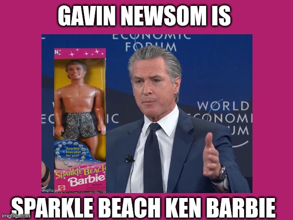 Gavin Newsom meme | GAVIN NEWSOM IS; SPARKLE BEACH KEN BARBIE | image tagged in barbie | made w/ Imgflip meme maker