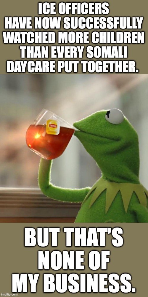 Sometimes the truth really hurts. | ICE OFFICERS HAVE NOW SUCCESSFULLY WATCHED MORE CHILDREN THAN EVERY SOMALI DAYCARE PUT TOGETHER. BUT THAT’S NONE OF MY BUSINESS. | image tagged in 2026,somali,daycare,ice,liberals,lies | made w/ Imgflip meme maker