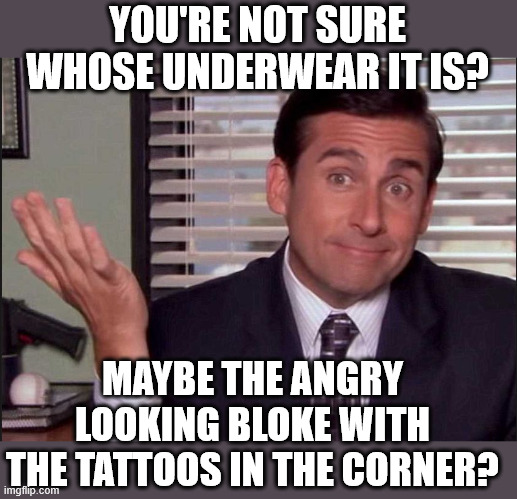 YOU'RE NOT SURE WHOSE UNDERWEAR IT IS? MAYBE THE ANGRY LOOKING BLOKE WITH THE TATTOOS IN THE CORNER? | image tagged in michael scott | made w/ Imgflip meme maker