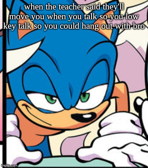 Loophole found | when the teacher said they'll move you when you talk so you low key talk so you could hang out with bro | image tagged in sonic smug,hanging out | made w/ Imgflip meme maker