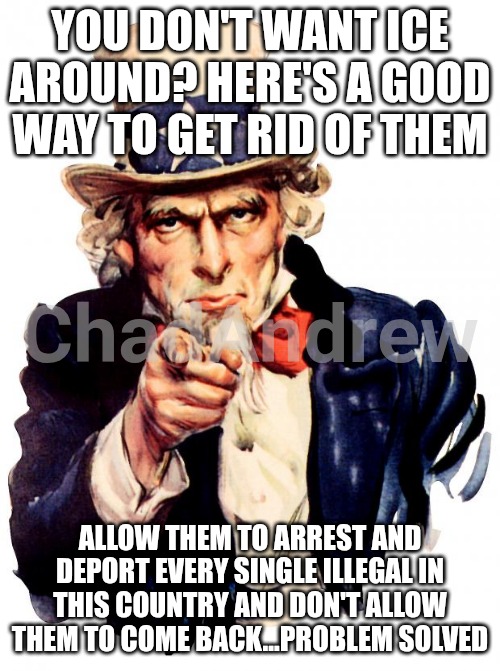 The solution is so easy if you quit impeding. | YOU DON'T WANT ICE AROUND? HERE'S A GOOD WAY TO GET RID OF THEM; ALLOW THEM TO ARREST AND DEPORT EVERY SINGLE ILLEGAL IN THIS COUNTRY AND DON'T ALLOW THEM TO COME BACK...PROBLEM SOLVED | image tagged in memes,uncle sam,ice,illegal aliens,deportation | made w/ Imgflip meme maker