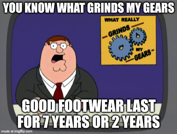 Peter Griffin News | YOU KNOW WHAT GRINDS MY GEARS; GOOD FOOTWEAR LAST FOR 7 YEARS OR 2 YEARS | image tagged in memes,peter griffin news | made w/ Imgflip meme maker