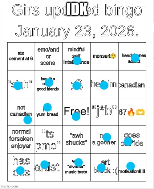Bingo (idk why I keep doing these but here) | IDK | image tagged in girs upd bingo | made w/ Imgflip meme maker