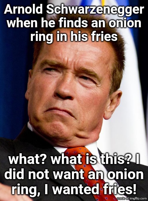 Arnold Schwarzenegger | Arnold Schwarzenegger when he finds an onion
ring in his fries; what? what is this? I
did not want an onion
ring, I wanted fries! | image tagged in arnold schwarzenegger | made w/ Imgflip meme maker