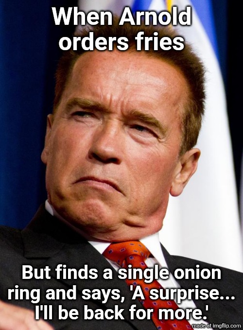 Arnold Schwarzenegger | When Arnold orders fries; But finds a single onion ring and says, 'A surprise...
I'll be back for more.' | image tagged in arnold schwarzenegger | made w/ Imgflip meme maker