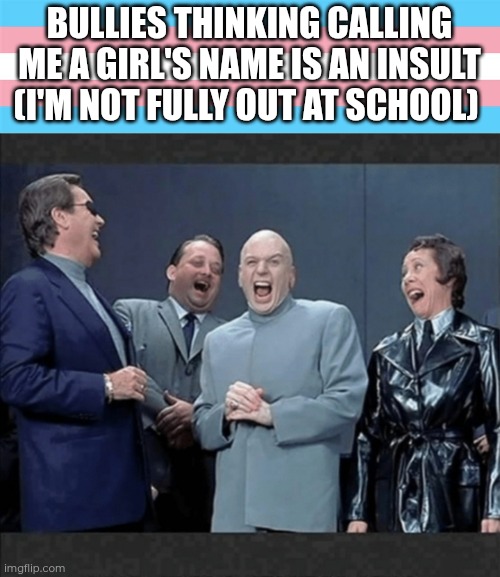 If they knew that they are actually allies... | BULLIES THINKING CALLING ME A GIRL'S NAME IS AN INSULT (I'M NOT FULLY OUT AT SCHOOL) | image tagged in dr evil crew laugh at you,transgender,bullying | made w/ Imgflip meme maker