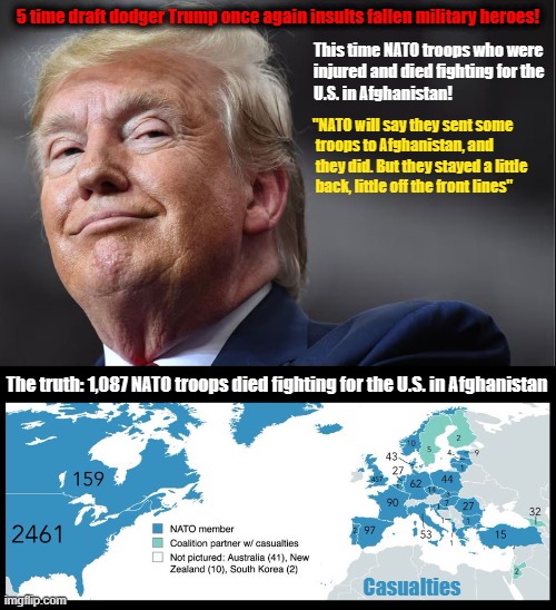 Five time draft dodger Donald Trump once again insults fallen military heroes. This time NATO troops! | 5 time draft dodger Trump once again insults fallen military heroes! This time NATO troops who were

injured and died fighting for the

U.S. in Afghanistan! "NATO will say they sent some
 troops to Afghanistan, and

 they did. But they stayed a little

 back, little off the front lines"; The truth: 1,087 NATO troops died fighting for the U.S. in Afghanistan; Casualties | image tagged in donald trump,draft dodger,coward,nato,military,insults | made w/ Imgflip meme maker
