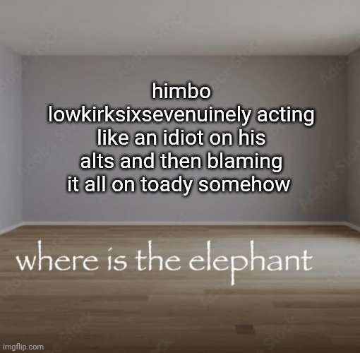 not picking toady's side here btw | himbo lowkirksixsevenuinely acting like an idiot on his alts and then blaming it all on toady somehow | image tagged in where is the elephant | made w/ Imgflip meme maker