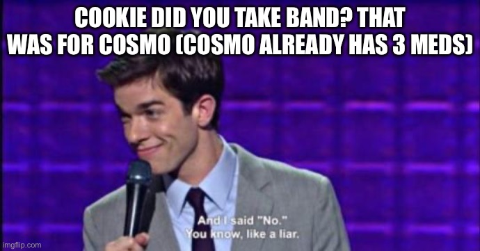 Bro he doesn’t need ALL the heals | COOKIE DID YOU TAKE BAND? THAT WAS FOR COSMO (COSMO ALREADY HAS 3 MEDS) | image tagged in and i said no you know like a liar | made w/ Imgflip meme maker