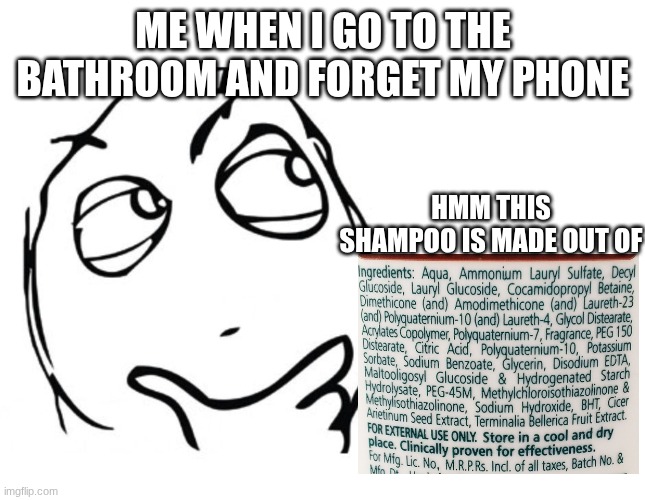 hmmm | ME WHEN I GO TO THE BATHROOM AND FORGET MY PHONE; HMM THIS SHAMPOO IS MADE OUT OF | image tagged in hmmm | made w/ Imgflip meme maker