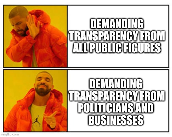 No - Yes | DEMANDING
TRANSPARENCY FROM
ALL PUBLIC FIGURES; DEMANDING 
TRANSPARENCY FROM
POLITICIANS AND 
BUSINESSES | image tagged in no - yes | made w/ Imgflip meme maker