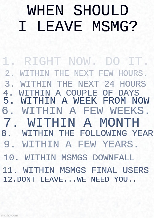 when should i leave msmg? | image tagged in when should i leave msmg | made w/ Imgflip meme maker